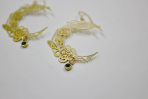 Brass Floral Moon Earrings in Emerald Green