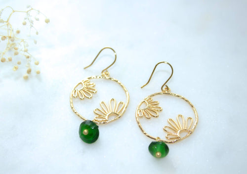 Peeking Flowers Hoops in Emerald Green