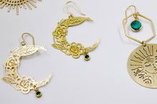 Load image into Gallery viewer, Brass Floral Moon Earrings in Emerald Green