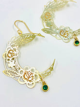 Load image into Gallery viewer, Brass Floral Moon Earrings in Emerald Green